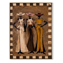 Three Dresses Keep Watch - three cowgirls portrait painting by Savannah Reed, modern folk art vertical wall art – wood frame on white background