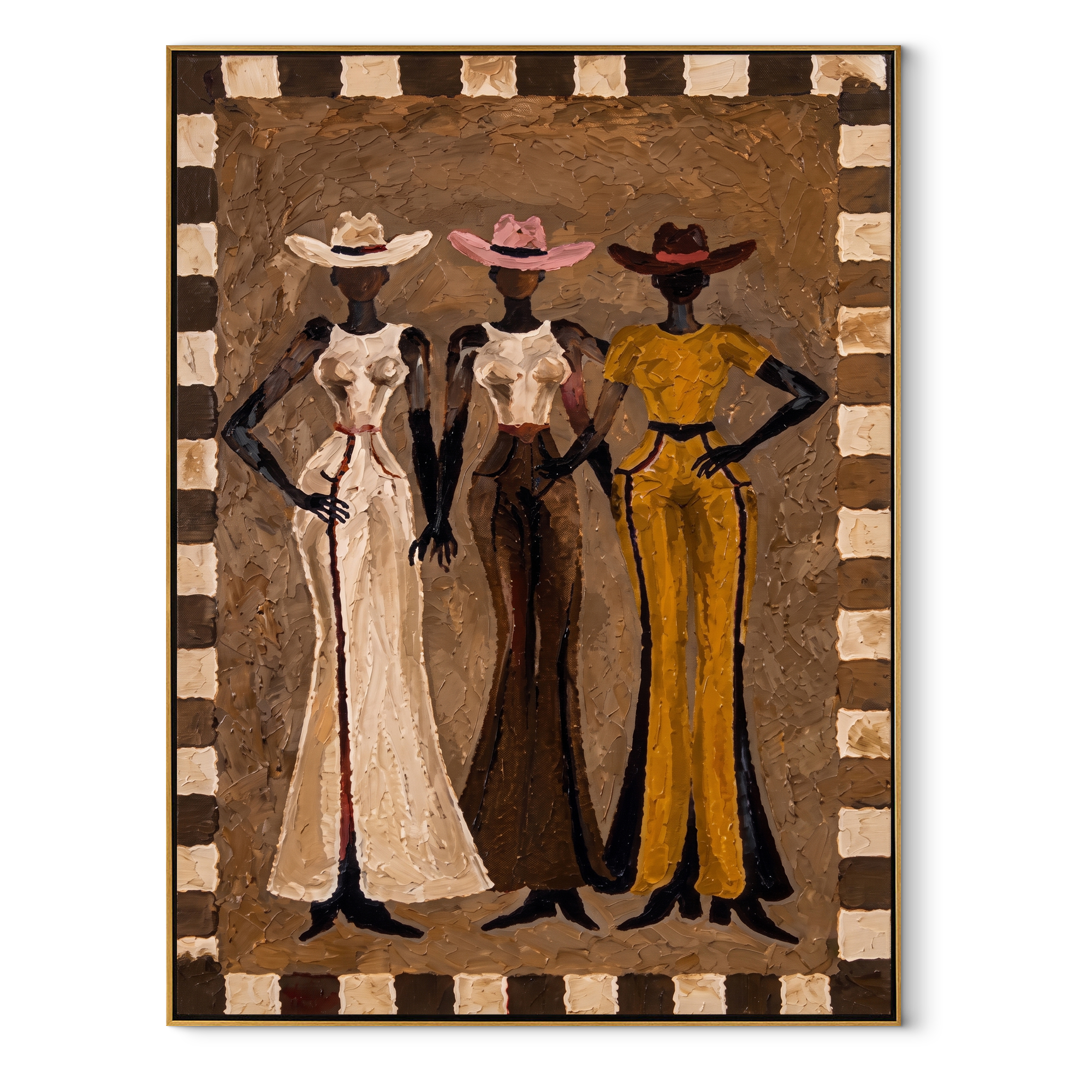 Three Dresses Keep Watch - three cowgirls portrait painting by Savannah Reed, modern folk art vertical wall art – wood frame on white background