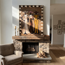 Three Dresses Keep Watch - three cowgirls portrait painting by Savannah Reed, modern folk art vertical wall art – styled room scene view 2