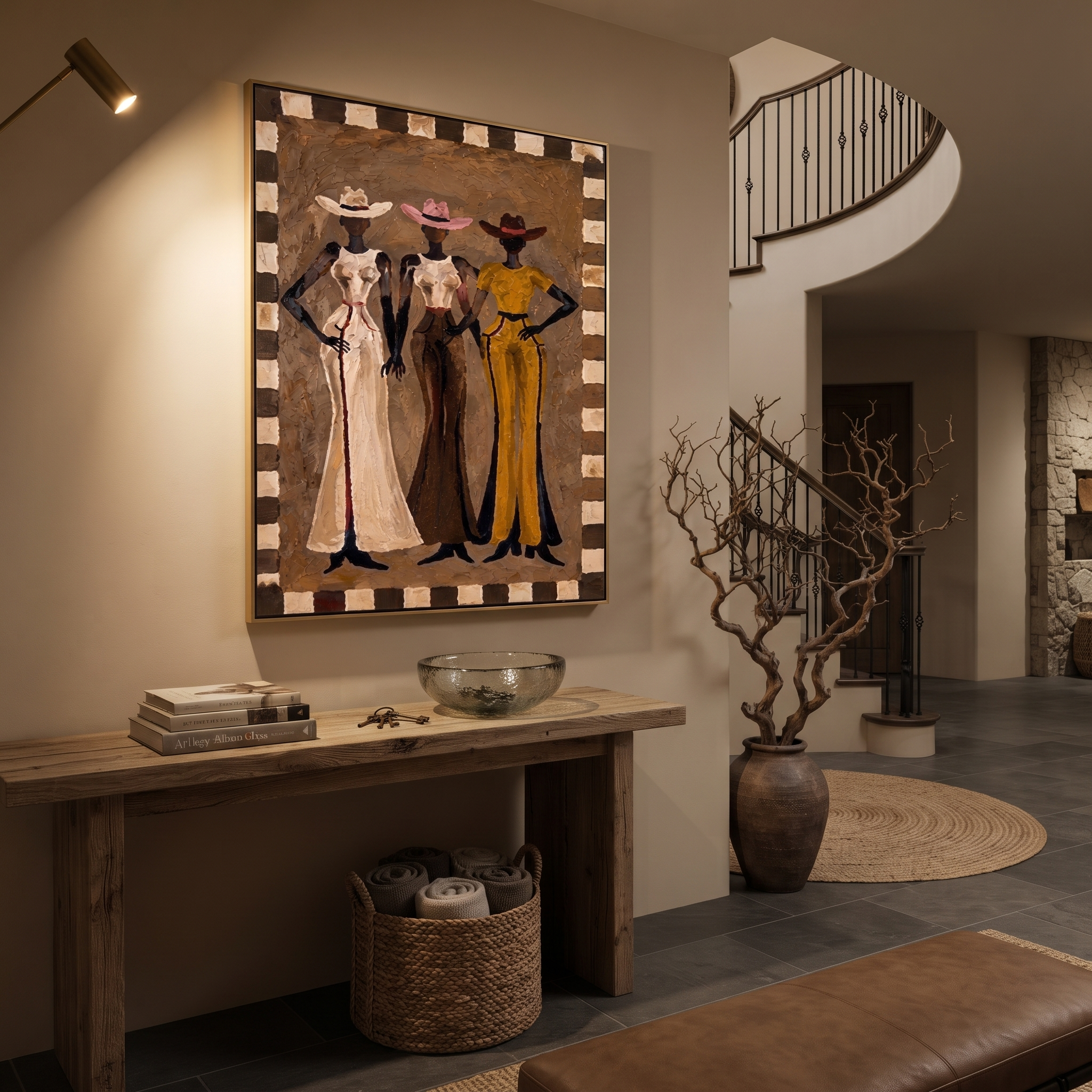 Three Dresses Keep Watch - three cowgirls portrait painting by Savannah Reed, modern folk art vertical wall art – styled room scene view 3