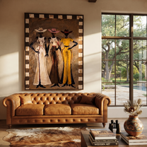 Three Dresses Keep Watch - three cowgirls portrait painting by Savannah Reed, modern folk art vertical wall art – styled room scene view 5