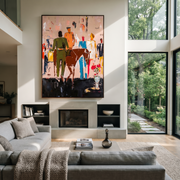 Rider Crosses the Gathering - western rider and crowd painting by Savannah Reed, modern folk art vertical wall art – styled room scene view 1