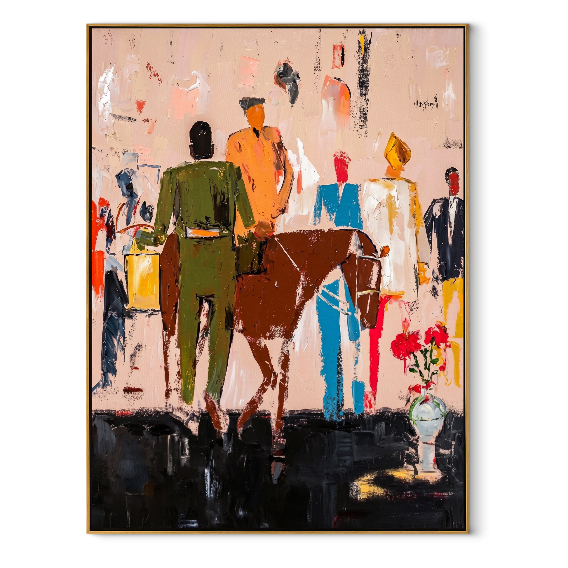 Rider Crosses the Gathering - western rider and crowd painting by Savannah Reed, modern folk art vertical wall art – wood frame on white background