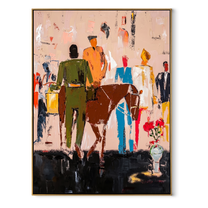 Rider Crosses the Gathering - western rider and crowd painting by Savannah Reed, modern folk art vertical wall art – wood frame on white background