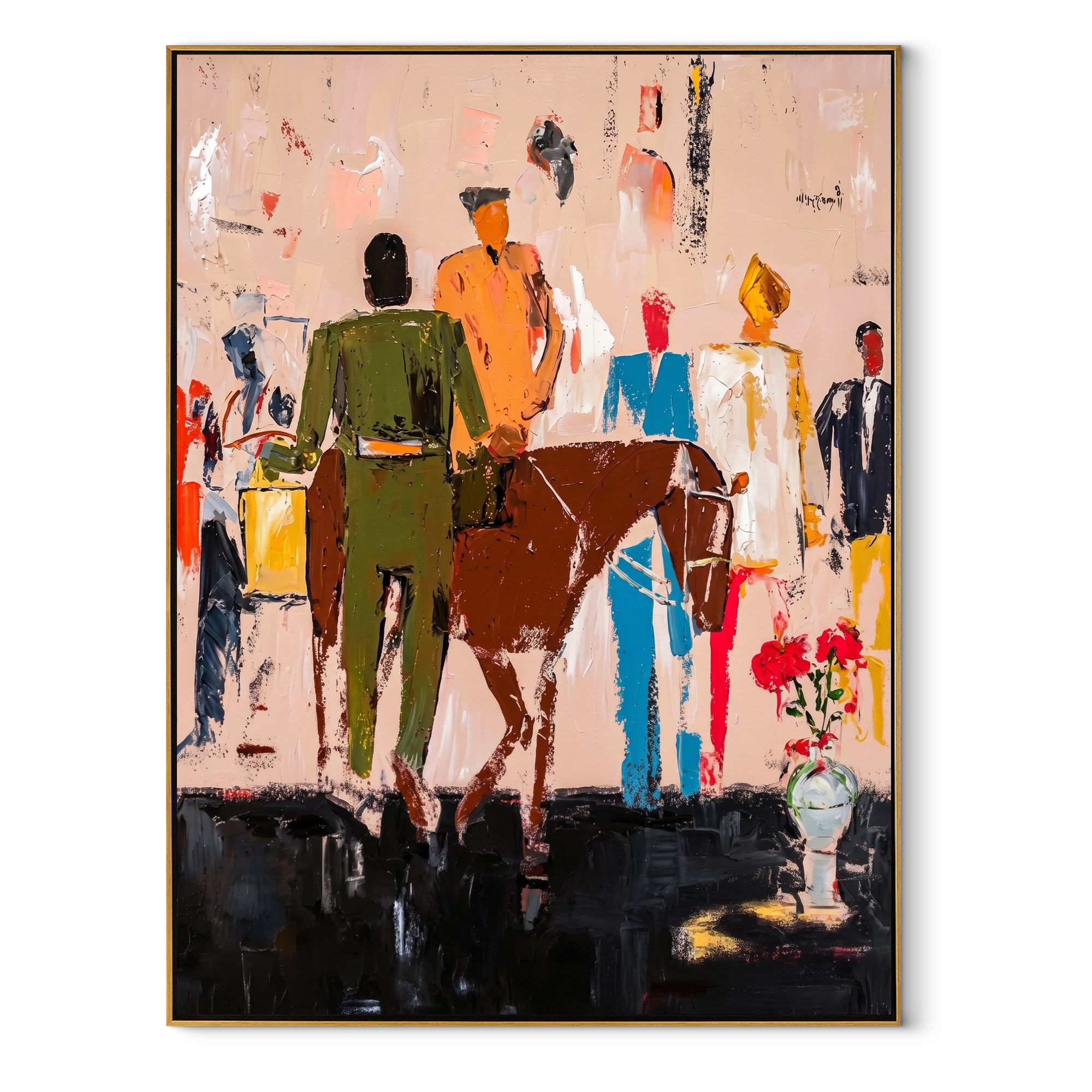 Rider Crosses the Gathering - western rider and crowd painting by Savannah Reed, modern folk art vertical wall art – wood frame on white background