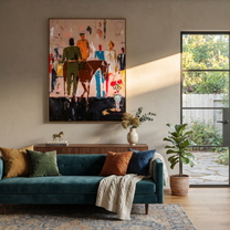 Rider Crosses the Gathering - western rider and crowd painting by Savannah Reed, modern folk art vertical wall art – styled room scene view 2