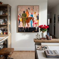 Rider Crosses the Gathering - western rider and crowd painting by Savannah Reed, modern folk art vertical wall art – styled room scene view 4
