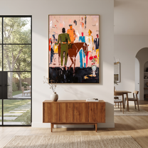 Rider Crosses the Gathering - western rider and crowd painting by Savannah Reed, modern folk art vertical wall art – styled room scene view 5