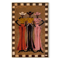 Three Hats Hold Ground - three cowgirls full-length painting by Savannah Reed, modern folk art vertical wall art – wood frame on white background