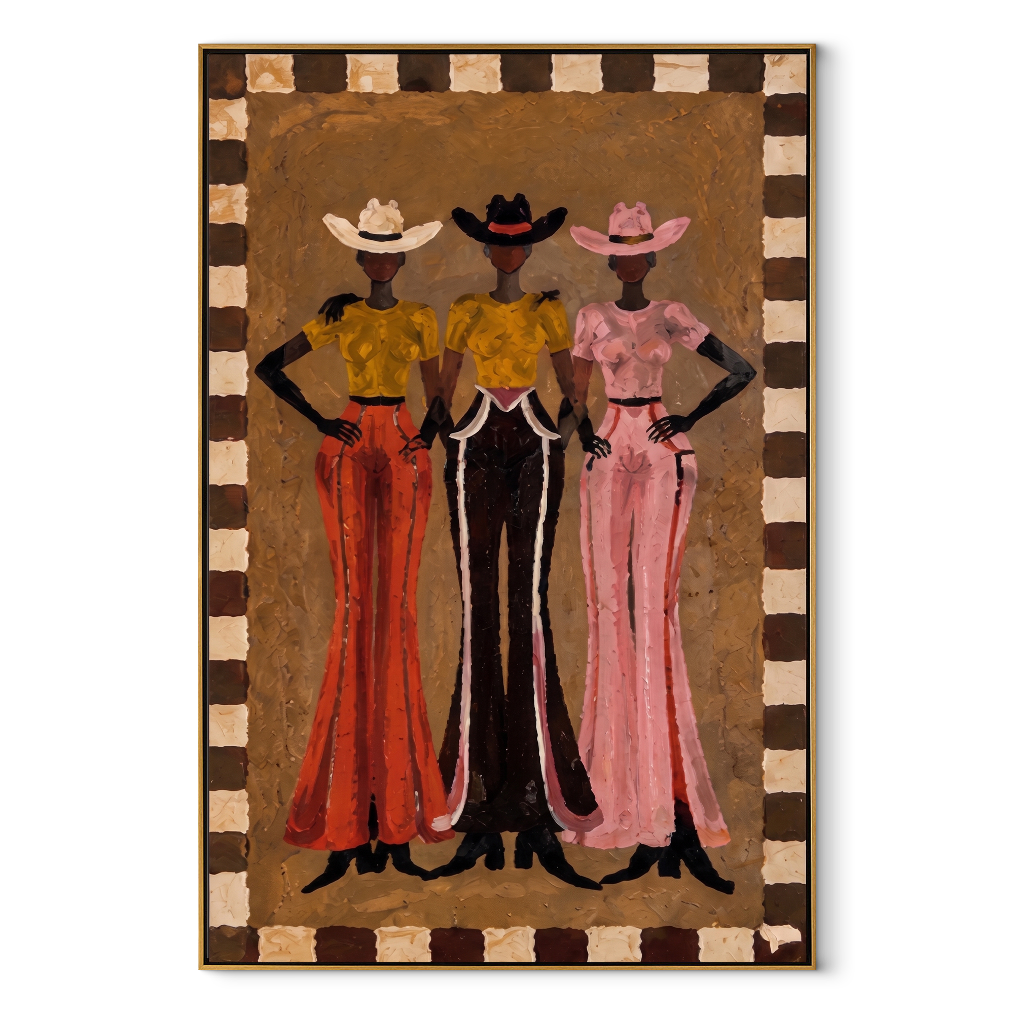 Three Hats Hold Ground - three cowgirls full-length painting by Savannah Reed, modern folk art vertical wall art – wood frame on white background