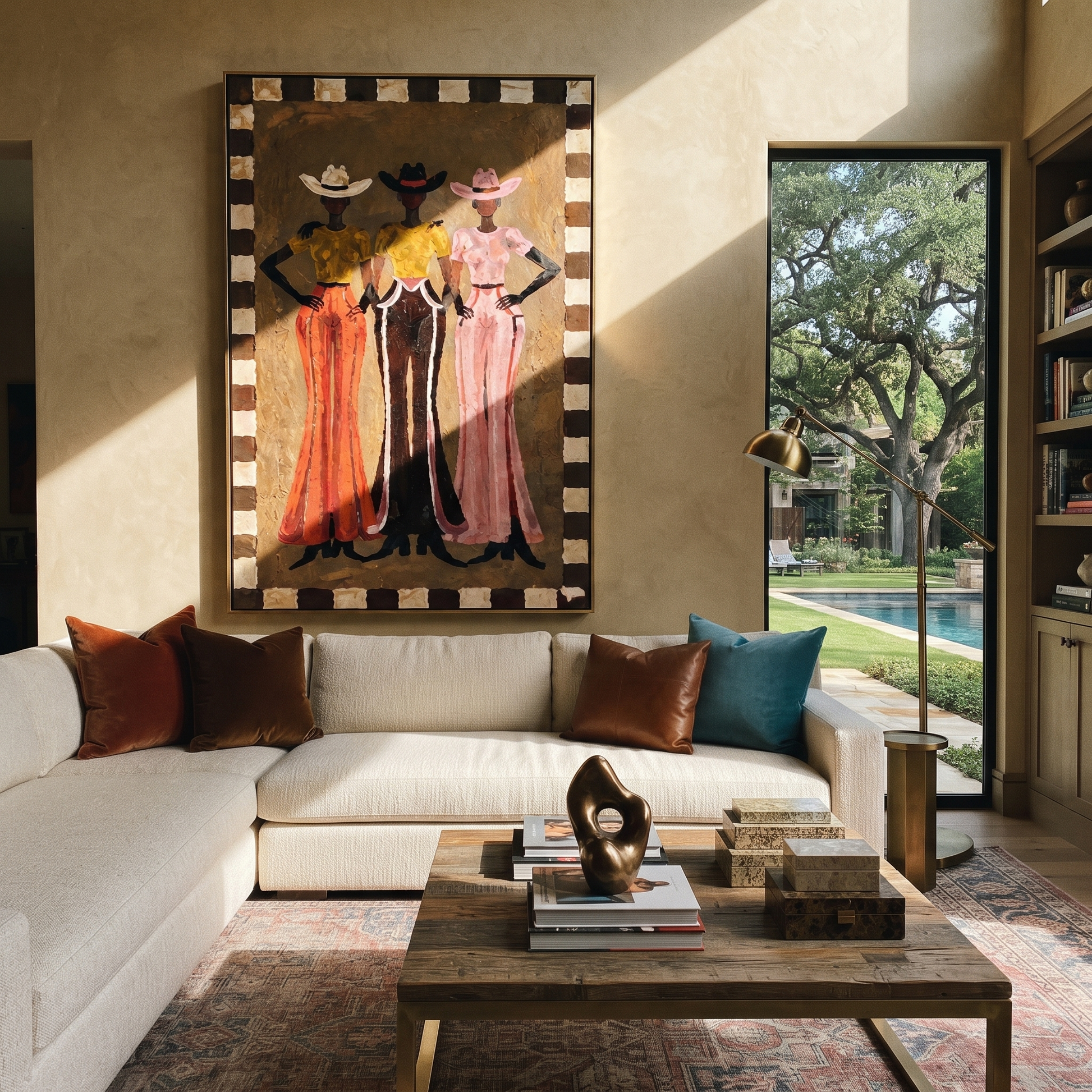 Three Hats Hold Ground - three cowgirls full-length painting by Savannah Reed, modern folk art vertical wall art – styled room scene view 2