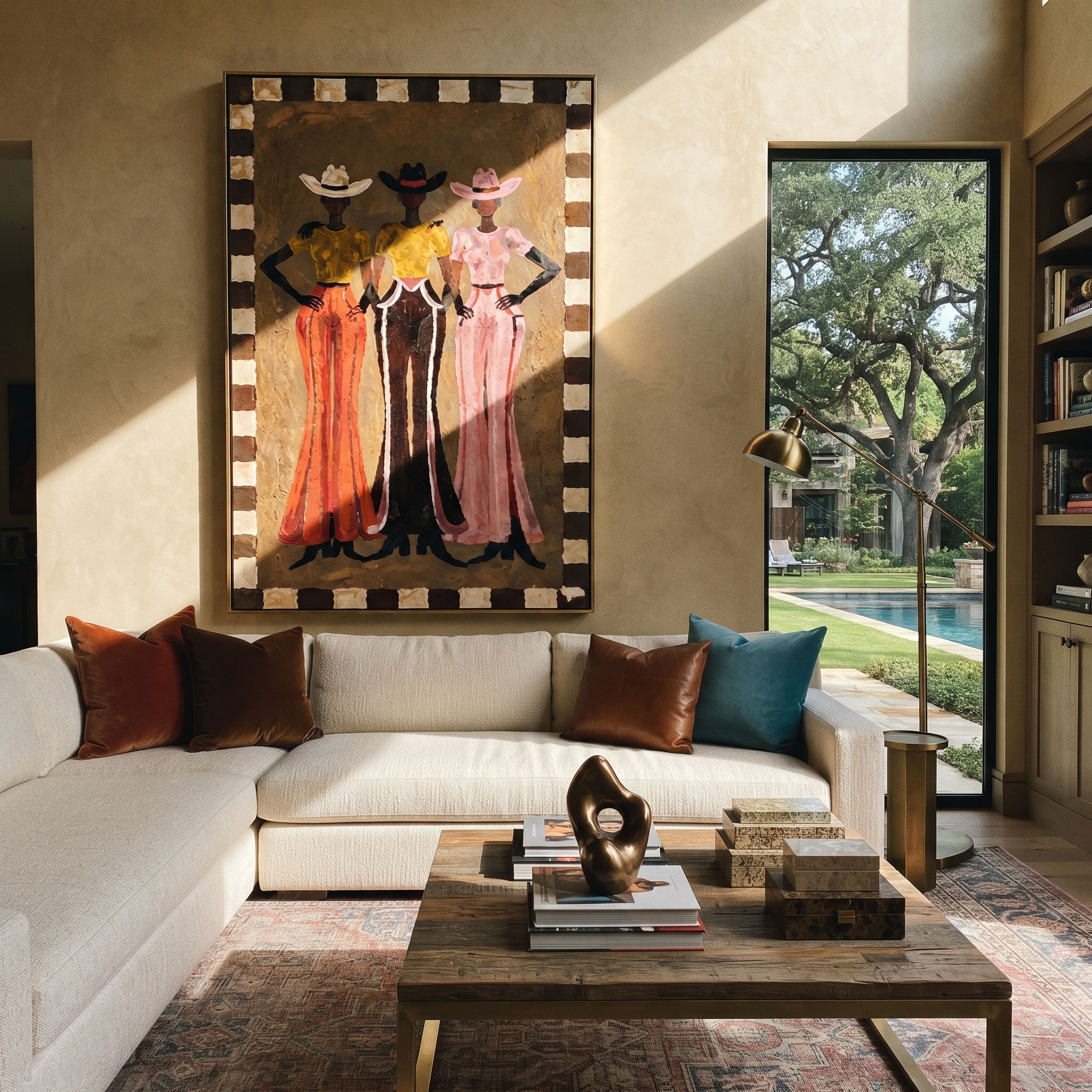 Three Hats Hold Ground - three cowgirls full-length painting by Savannah Reed, modern folk art vertical wall art – styled room scene view 2