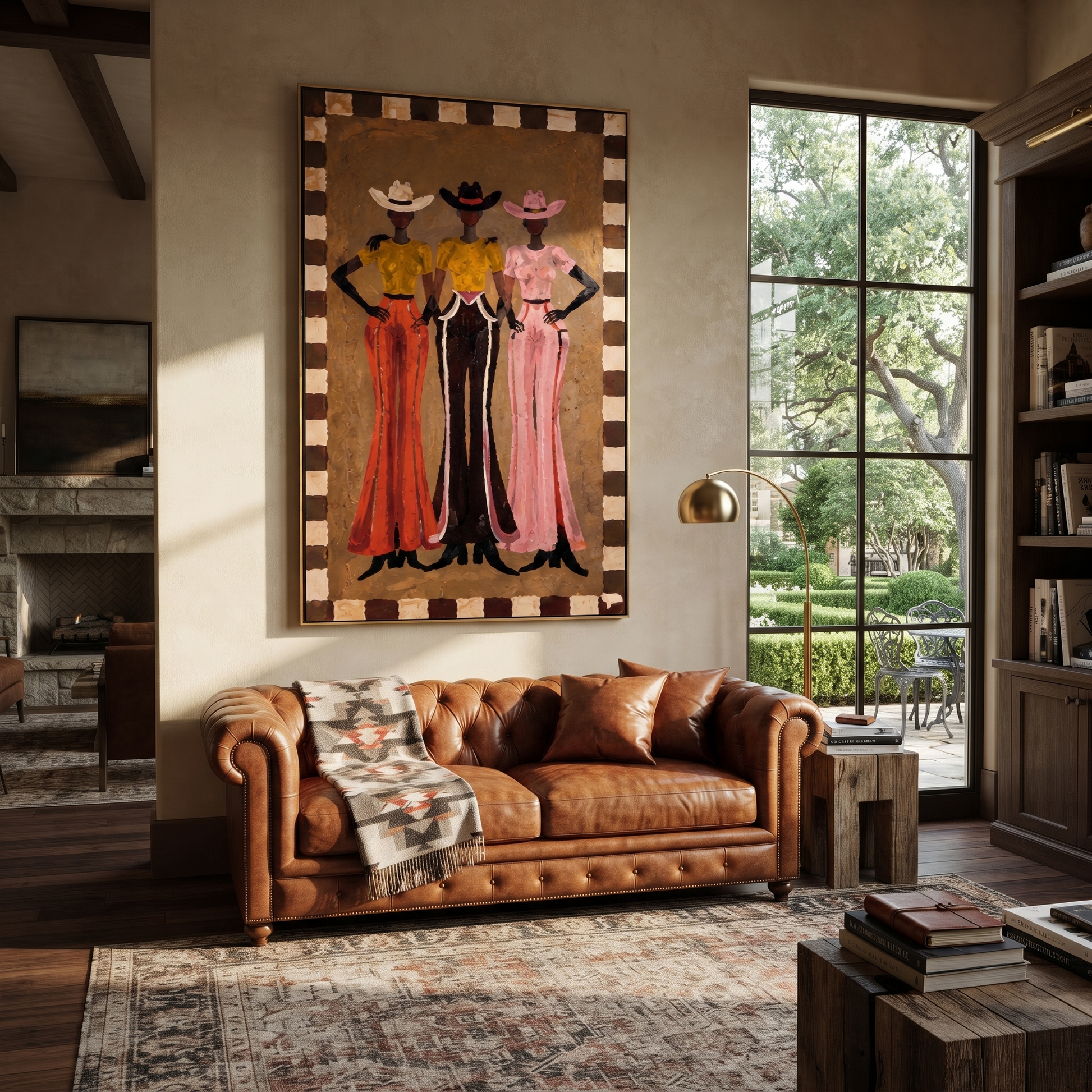Three Hats Hold Ground - three cowgirls full-length painting by Savannah Reed, modern folk art vertical wall art – styled room scene view 3