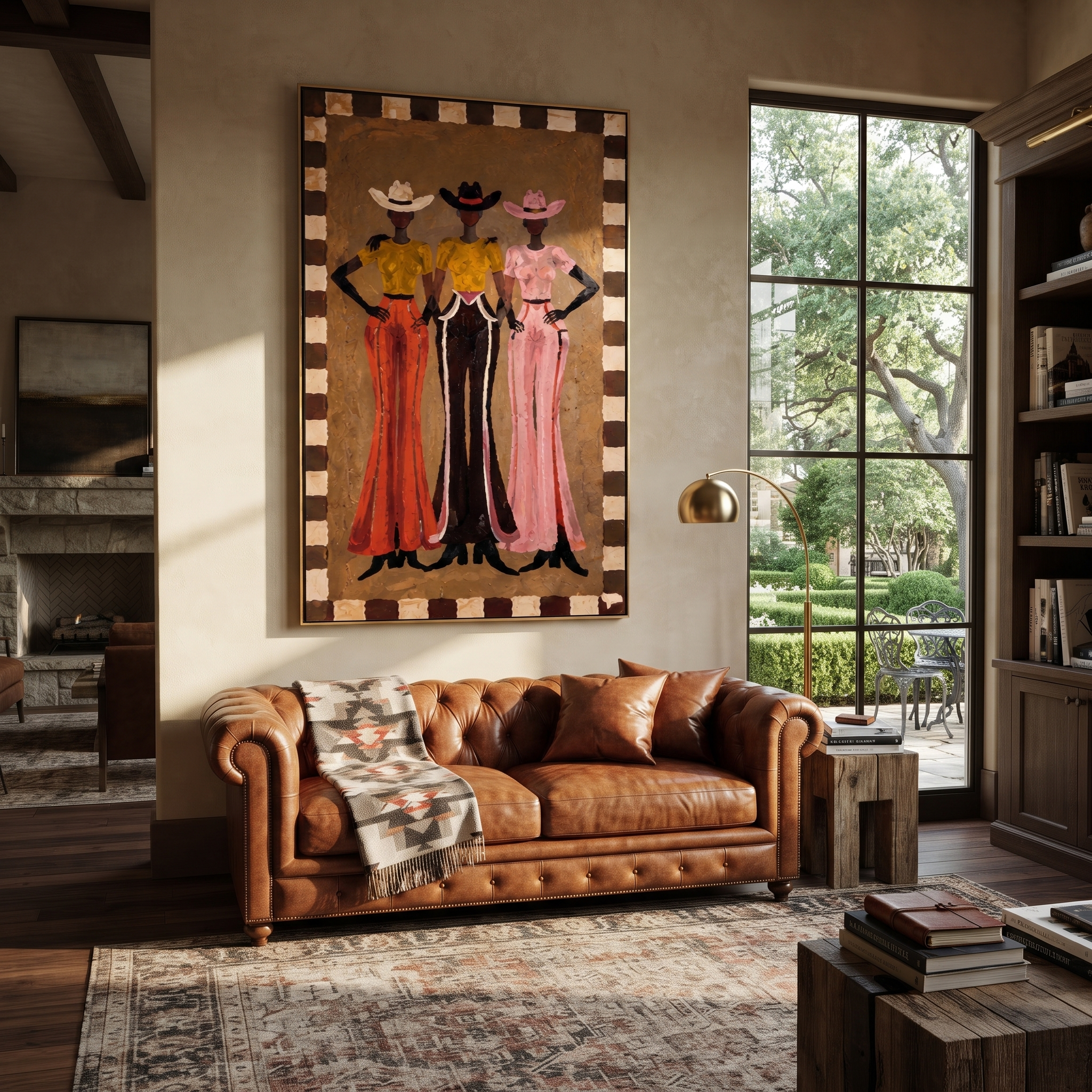 Three Hats Hold Ground - three cowgirls full-length painting by Savannah Reed, modern folk art vertical wall art – styled room scene view 3