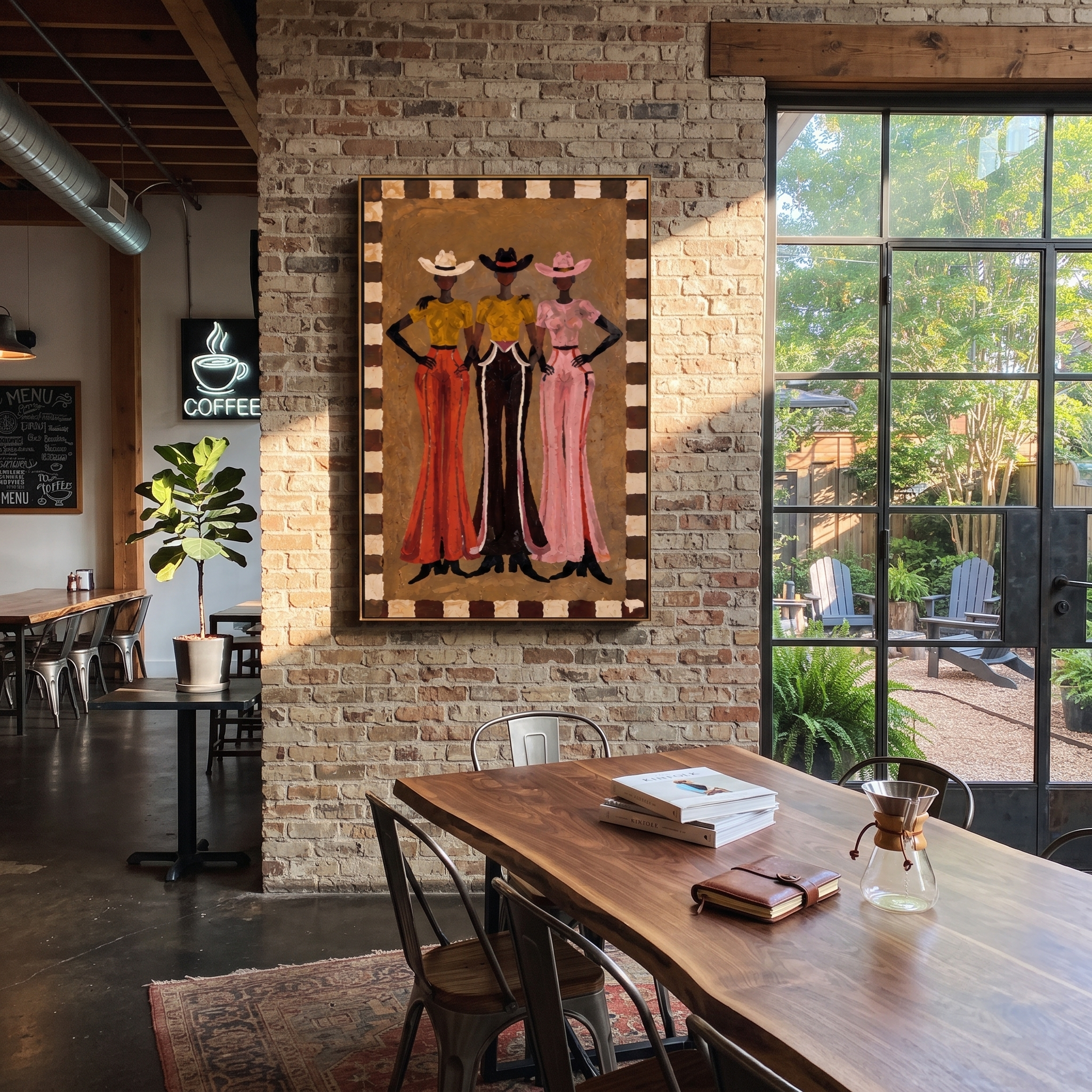 Three Hats Hold Ground - three cowgirls full-length painting by Savannah Reed, modern folk art vertical wall art – styled room scene view 4