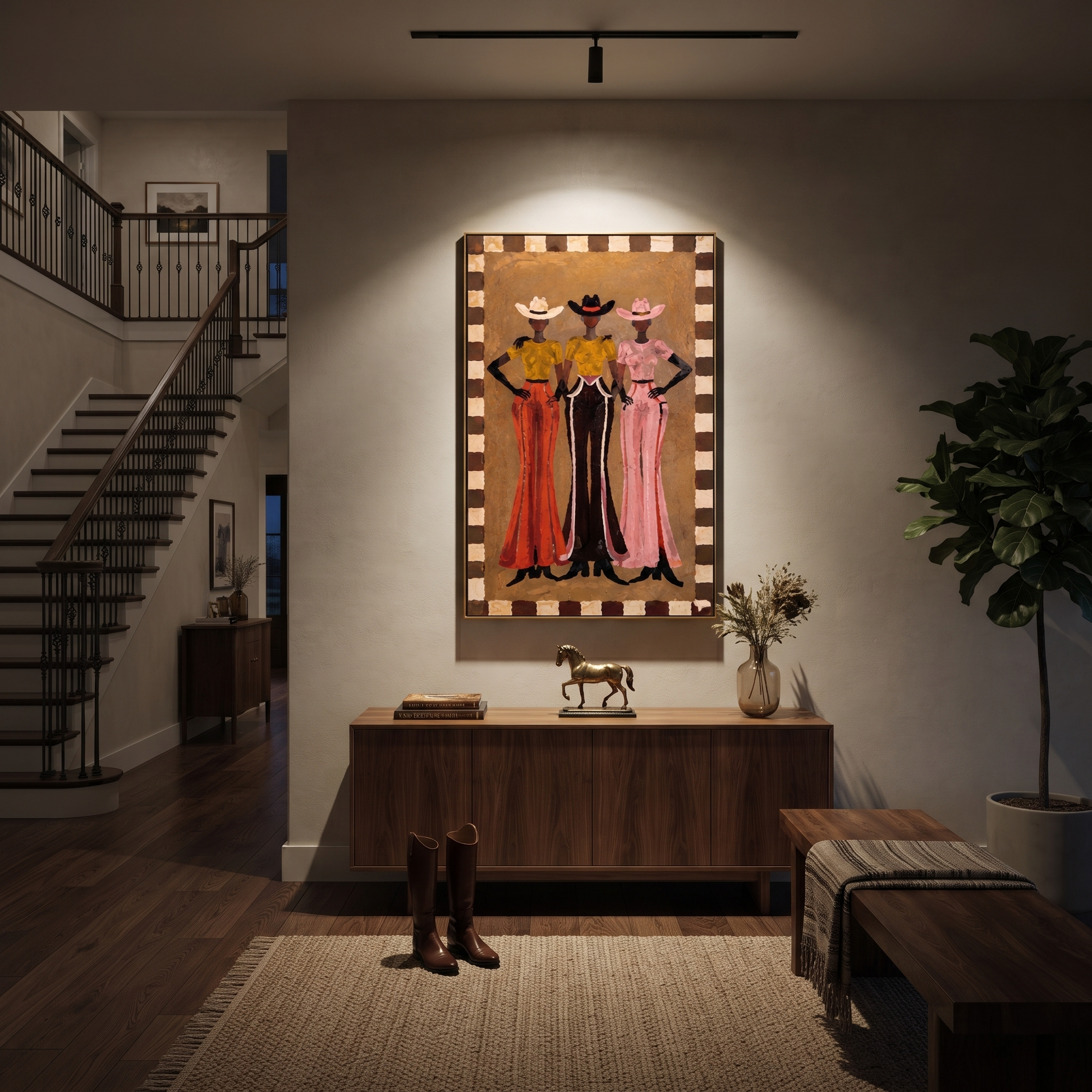 Three Hats Hold Ground - three cowgirls full-length painting by Savannah Reed, modern folk art vertical wall art – styled room scene view 5