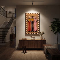 Three Hats Hold Ground - three cowgirls full-length painting by Savannah Reed, modern folk art vertical wall art – styled room scene view 5