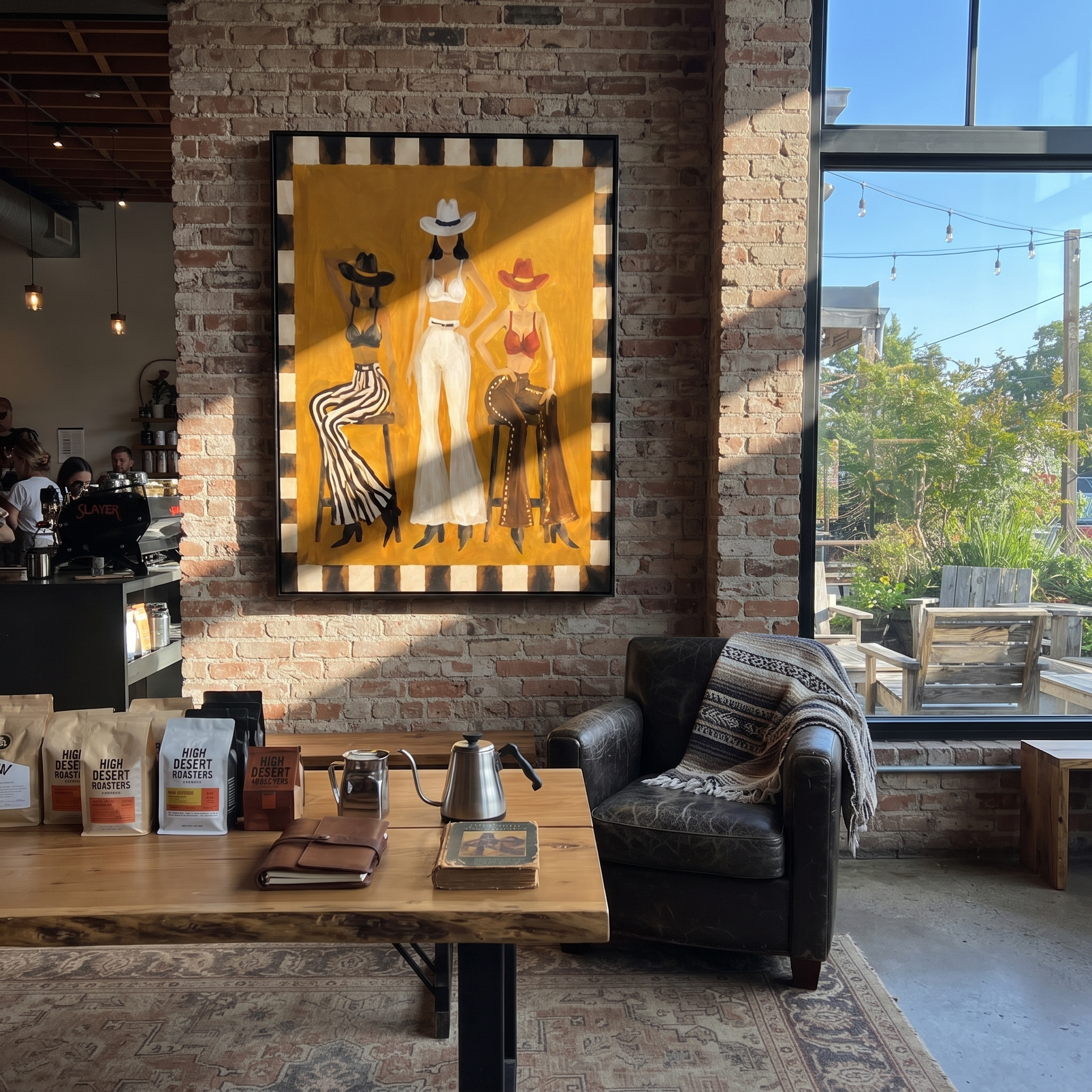 Mustard Room Holds Three - three cowgirls lounge painting by Savannah Reed, modern folk art vertical wall art – styled room scene view 1
