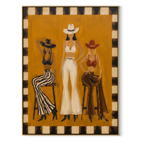 Mustard Room Holds Three - three cowgirls lounge painting by Savannah Reed, modern folk art vertical wall art – wood frame on white background