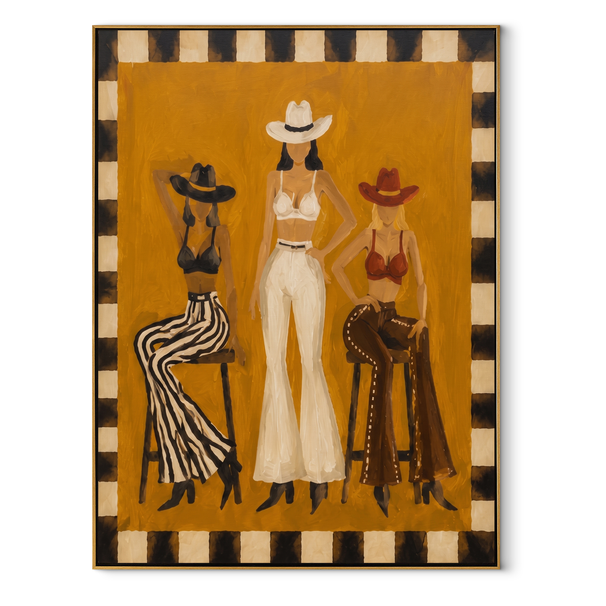 Mustard Room Holds Three - three cowgirls lounge painting by Savannah Reed, modern folk art vertical wall art – wood frame on white background