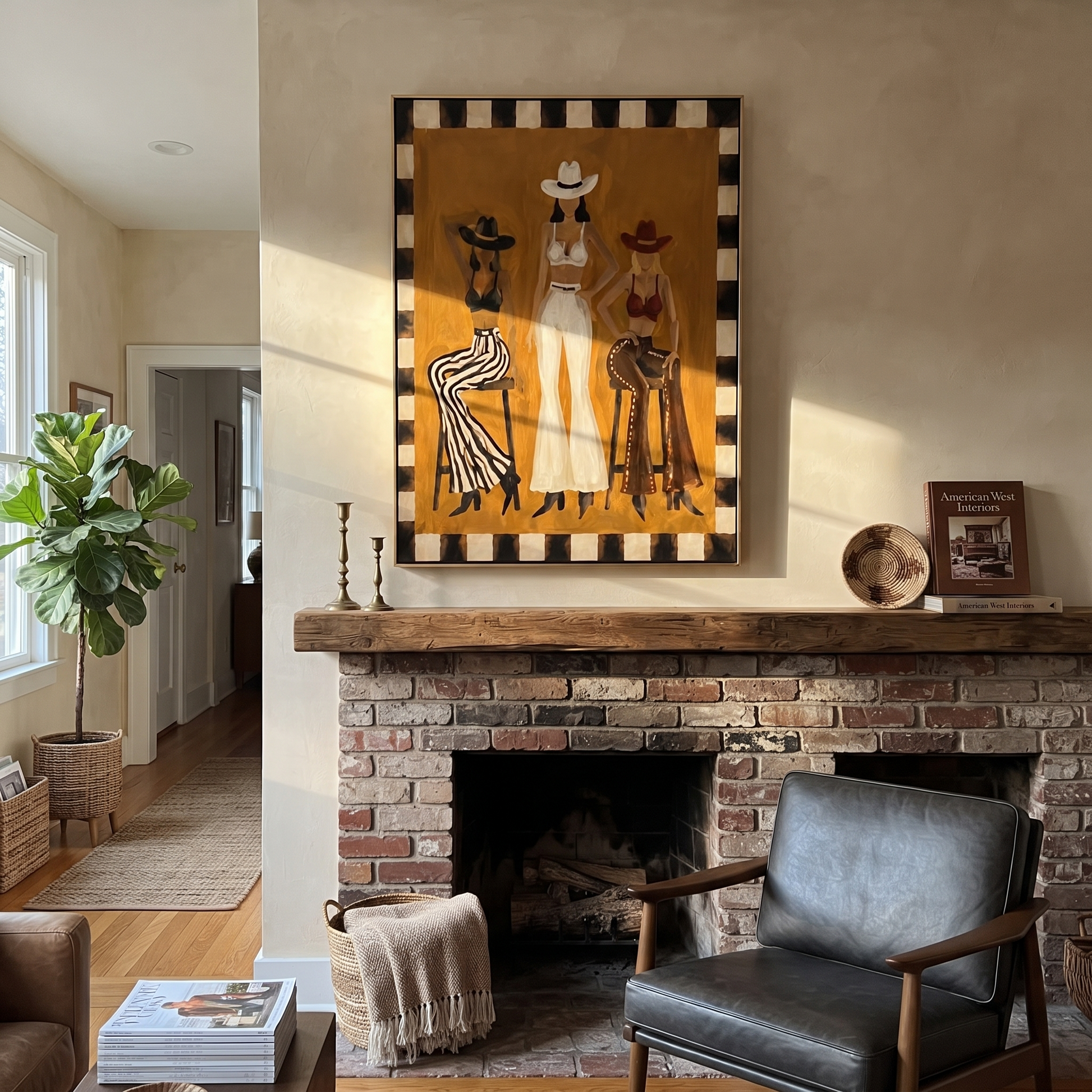 Mustard Room Holds Three - three cowgirls lounge painting by Savannah Reed, modern folk art vertical wall art – styled room scene view 2