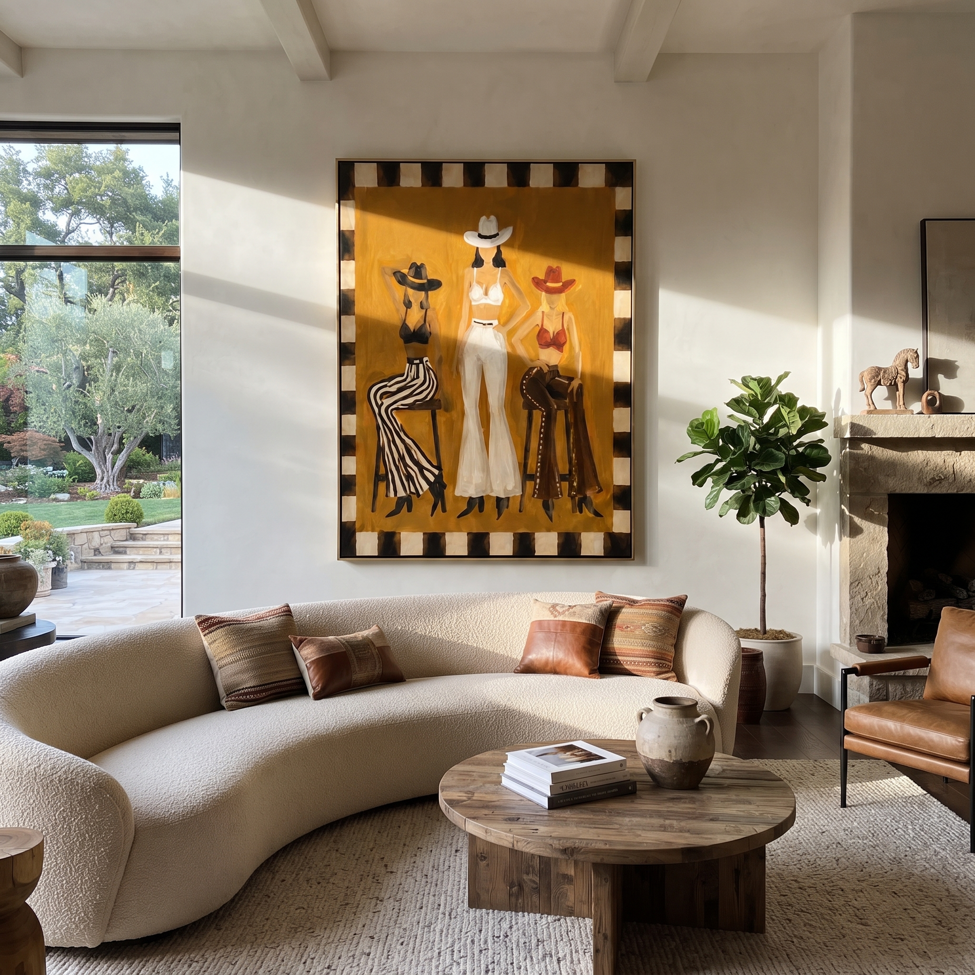 Mustard Room Holds Three - three cowgirls lounge painting by Savannah Reed, modern folk art vertical wall art – styled room scene view 4