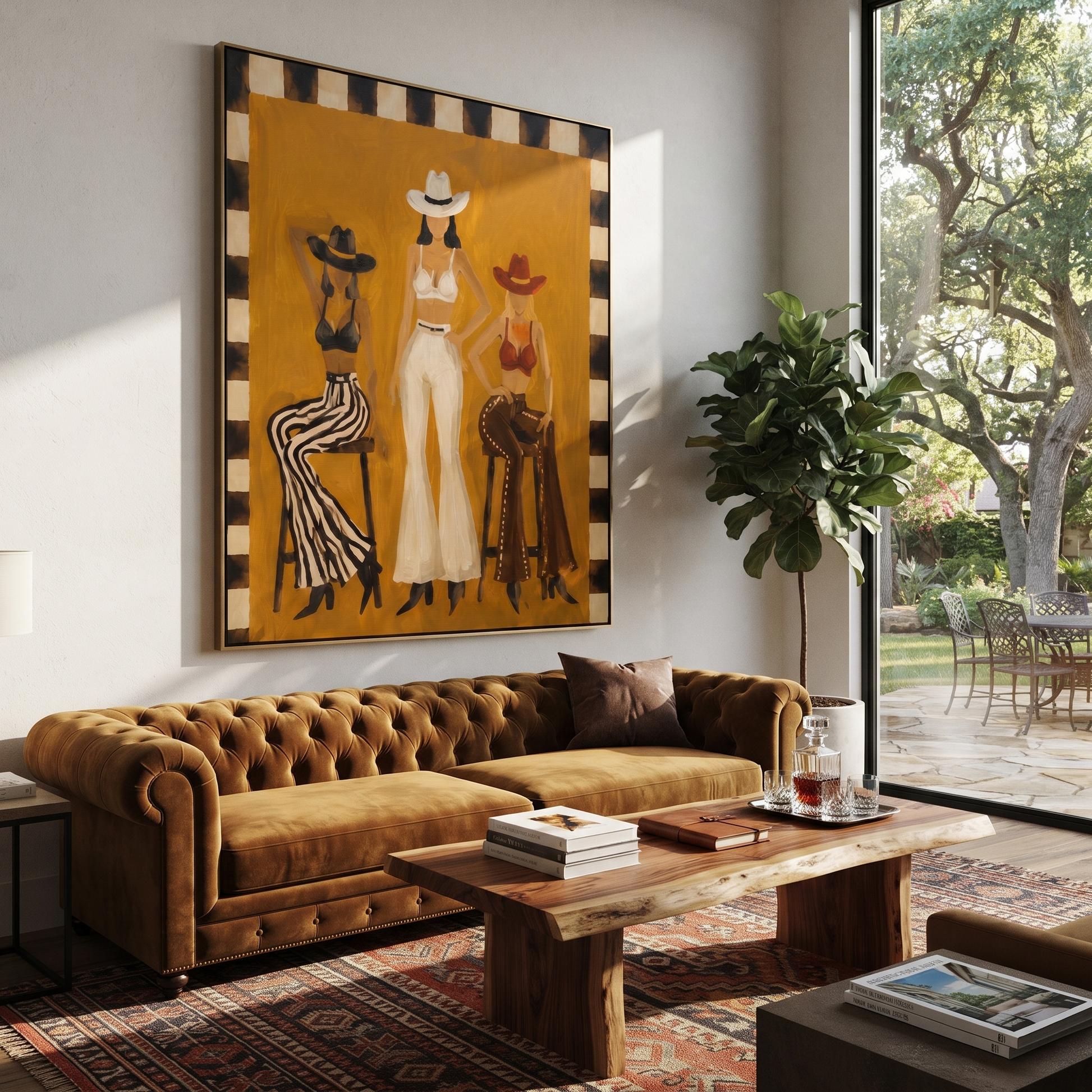 Mustard Room Holds Three - three cowgirls lounge painting by Savannah Reed, modern folk art vertical wall art – styled room scene view 5