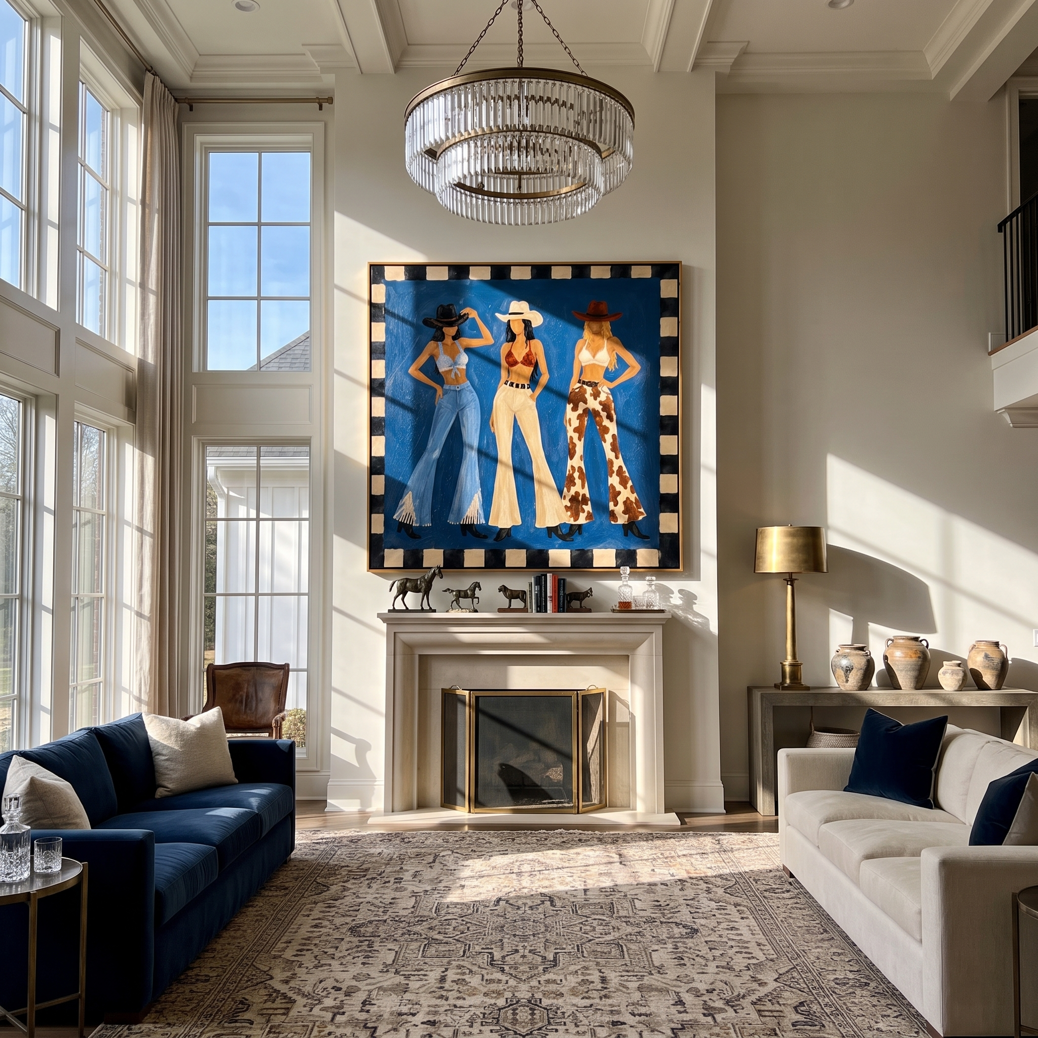 Blue Stage Frames Three - three cowgirls western fashion painting by Savannah Reed, modern folk art square wall art – styled room scene view 1