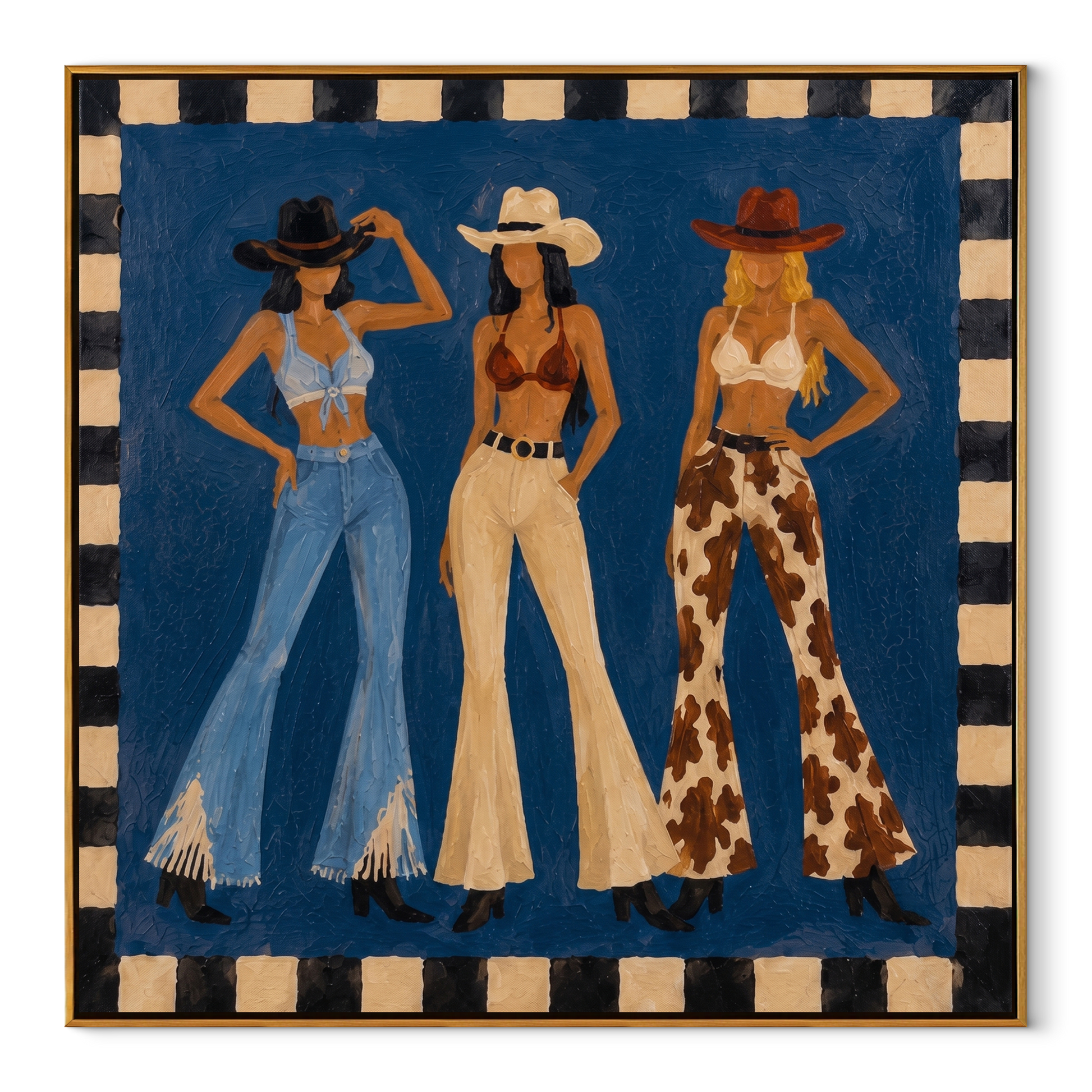 Blue Stage Frames Three - three cowgirls western fashion painting by Savannah Reed, modern folk art square wall art – wood frame on white background
