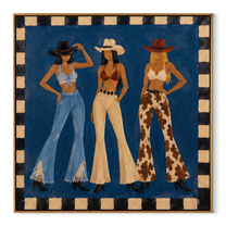 Blue Stage Frames Three - three cowgirls western fashion painting by Savannah Reed, modern folk art square wall art – wood frame on white background