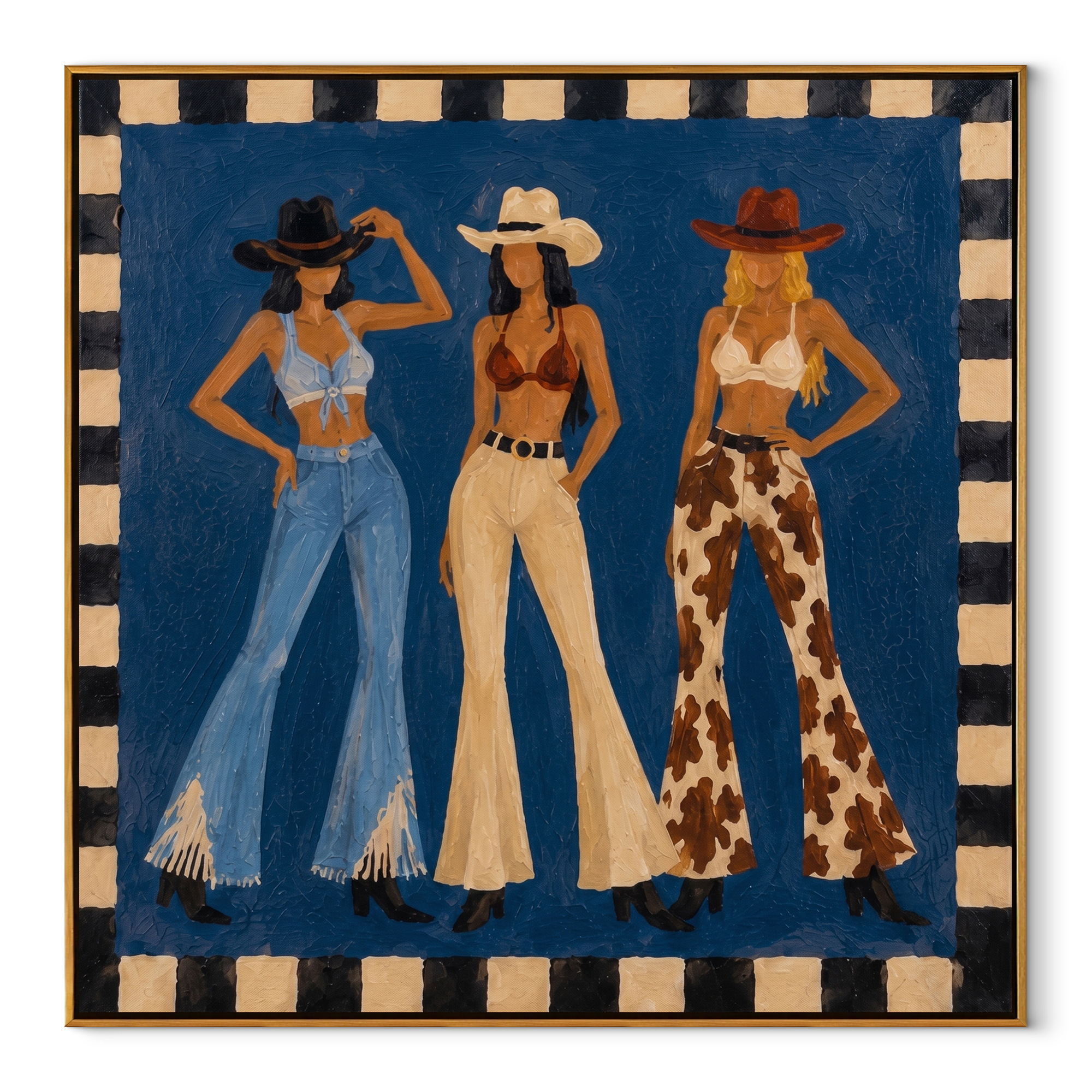 Blue Stage Frames Three - three cowgirls western fashion painting by Savannah Reed, modern folk art square wall art – wood frame on white background