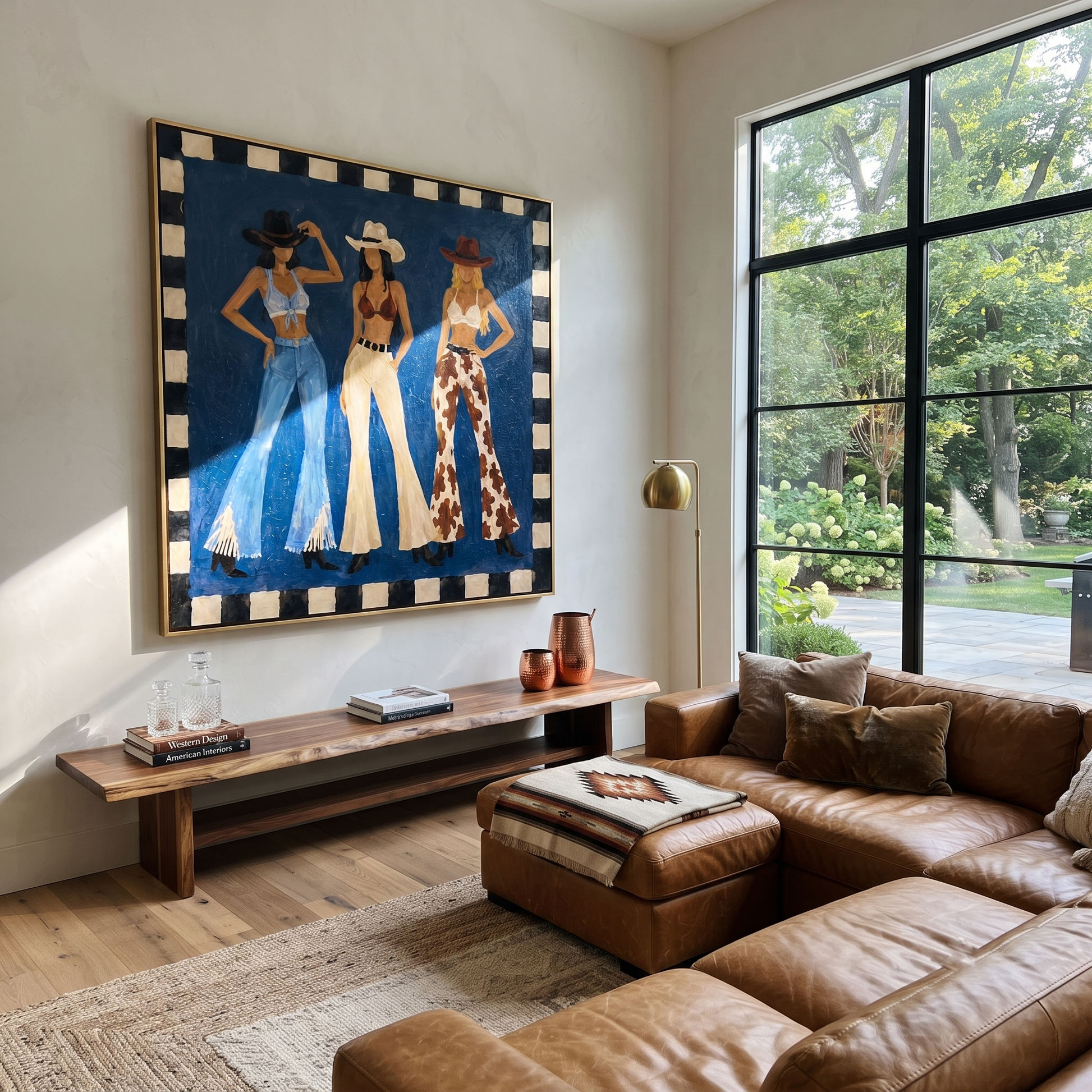 Blue Stage Frames Three - three cowgirls western fashion painting by Savannah Reed, modern folk art square wall art – styled room scene view 2