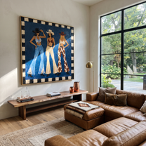 Blue Stage Frames Three - three cowgirls western fashion painting by Savannah Reed, modern folk art square wall art – styled room scene view 2