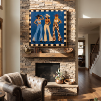 Blue Stage Frames Three - three cowgirls western fashion painting by Savannah Reed, modern folk art square wall art – styled room scene view 3