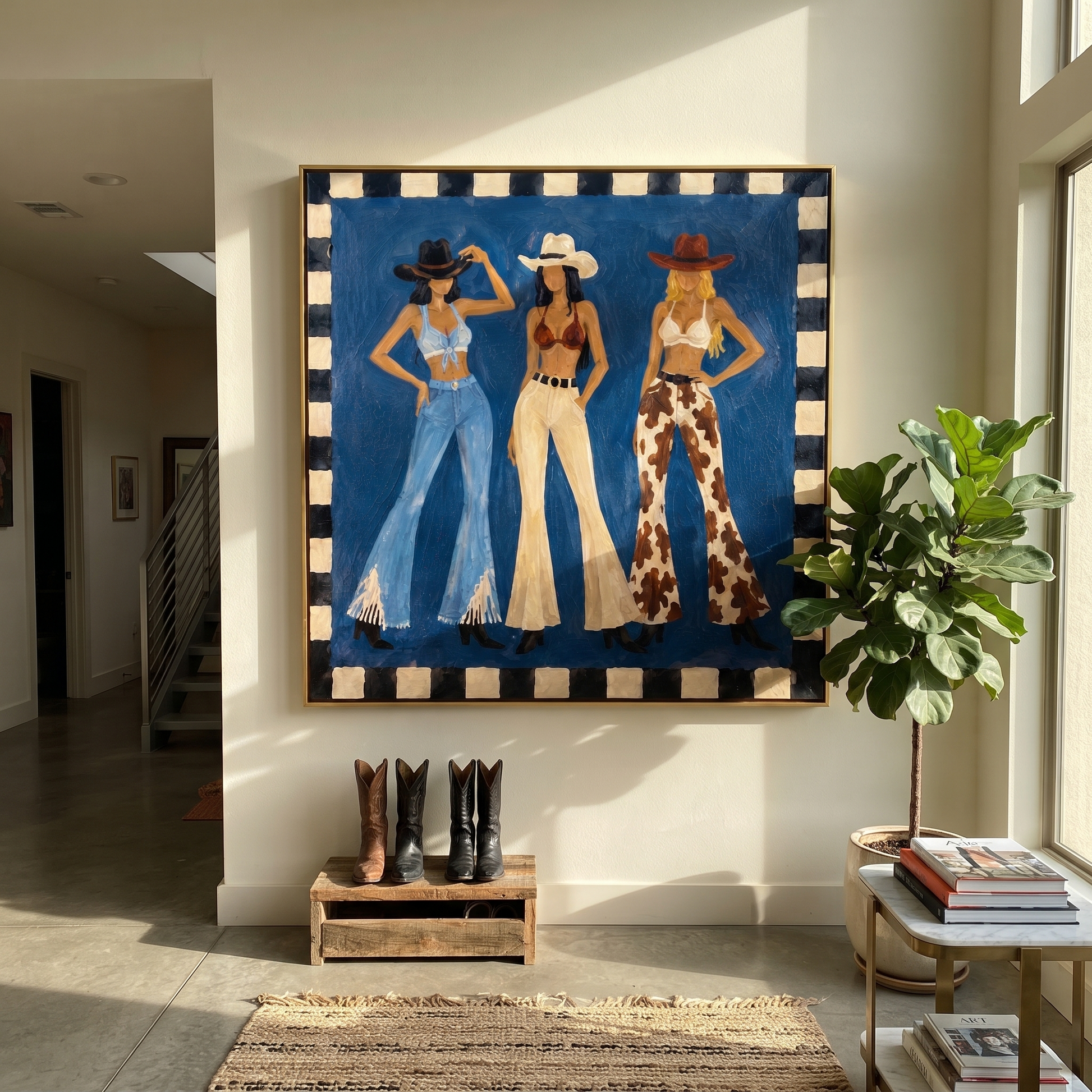 Blue Stage Frames Three - three cowgirls western fashion painting by Savannah Reed, modern folk art square wall art – styled room scene view 4