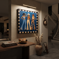 Blue Stage Frames Three - three cowgirls western fashion painting by Savannah Reed, modern folk art square wall art – styled room scene view 5