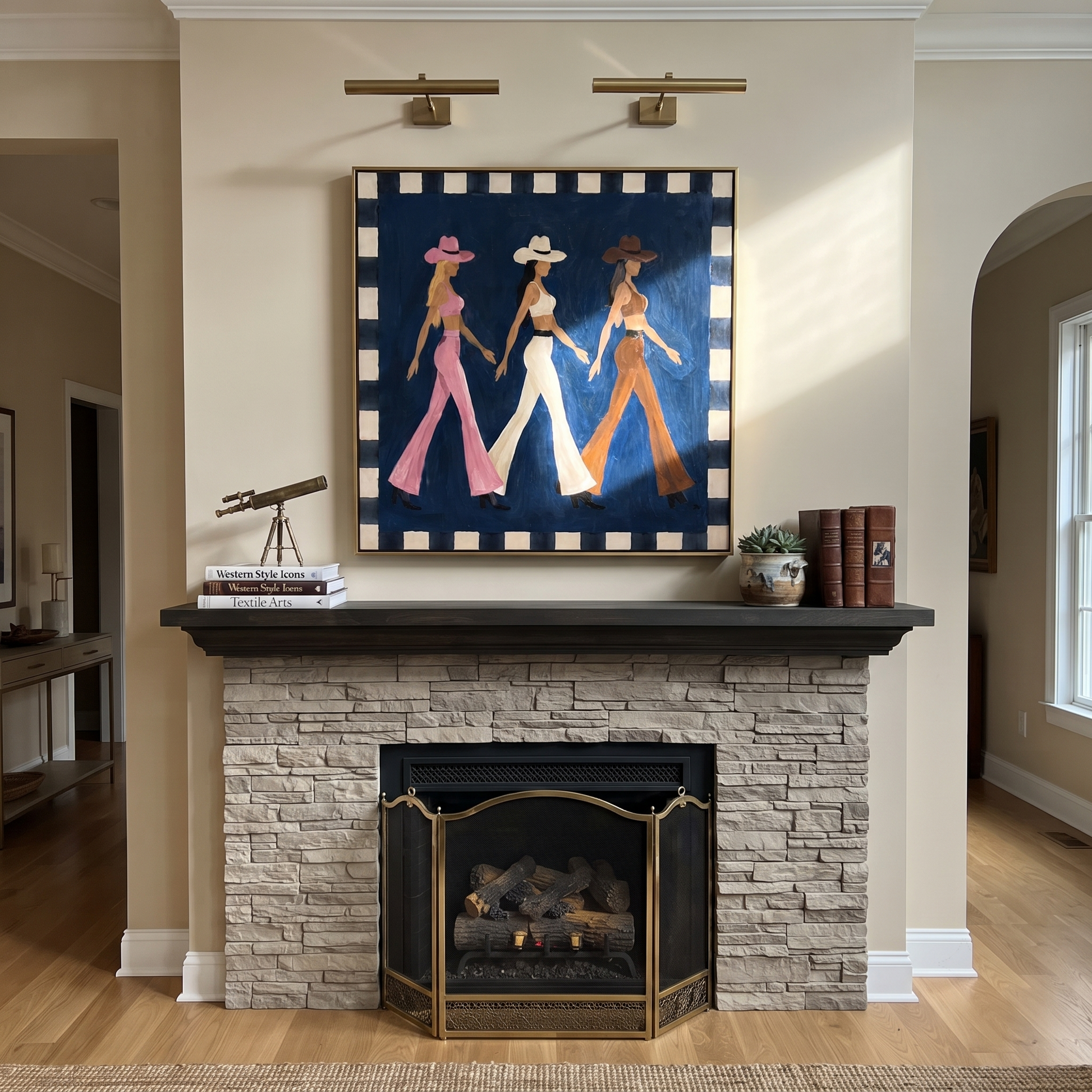 Three Cowgirls Walk Blue - walking cowgirls painting by Savannah Reed, modern folk art square wall art – styled room scene view 1