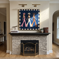 Three Cowgirls Walk Blue - walking cowgirls painting by Savannah Reed, modern folk art square wall art – styled room scene view 1