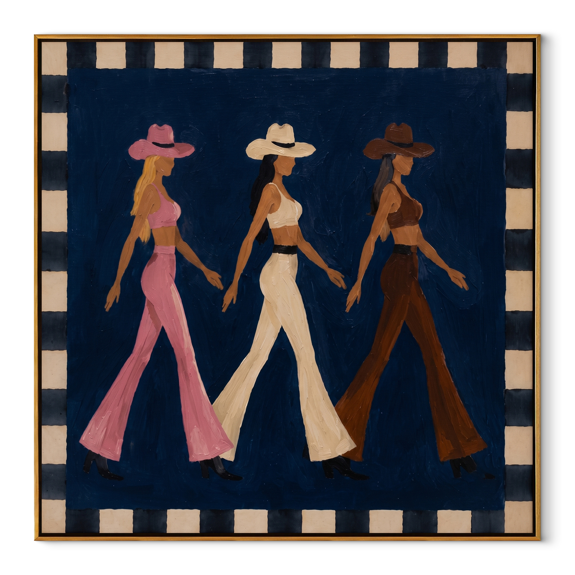 Three Cowgirls Walk Blue - walking cowgirls painting by Savannah Reed, modern folk art square wall art – wood frame on white background