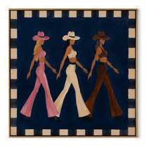 Three Cowgirls Walk Blue - walking cowgirls painting by Savannah Reed, modern folk art square wall art – wood frame on white background