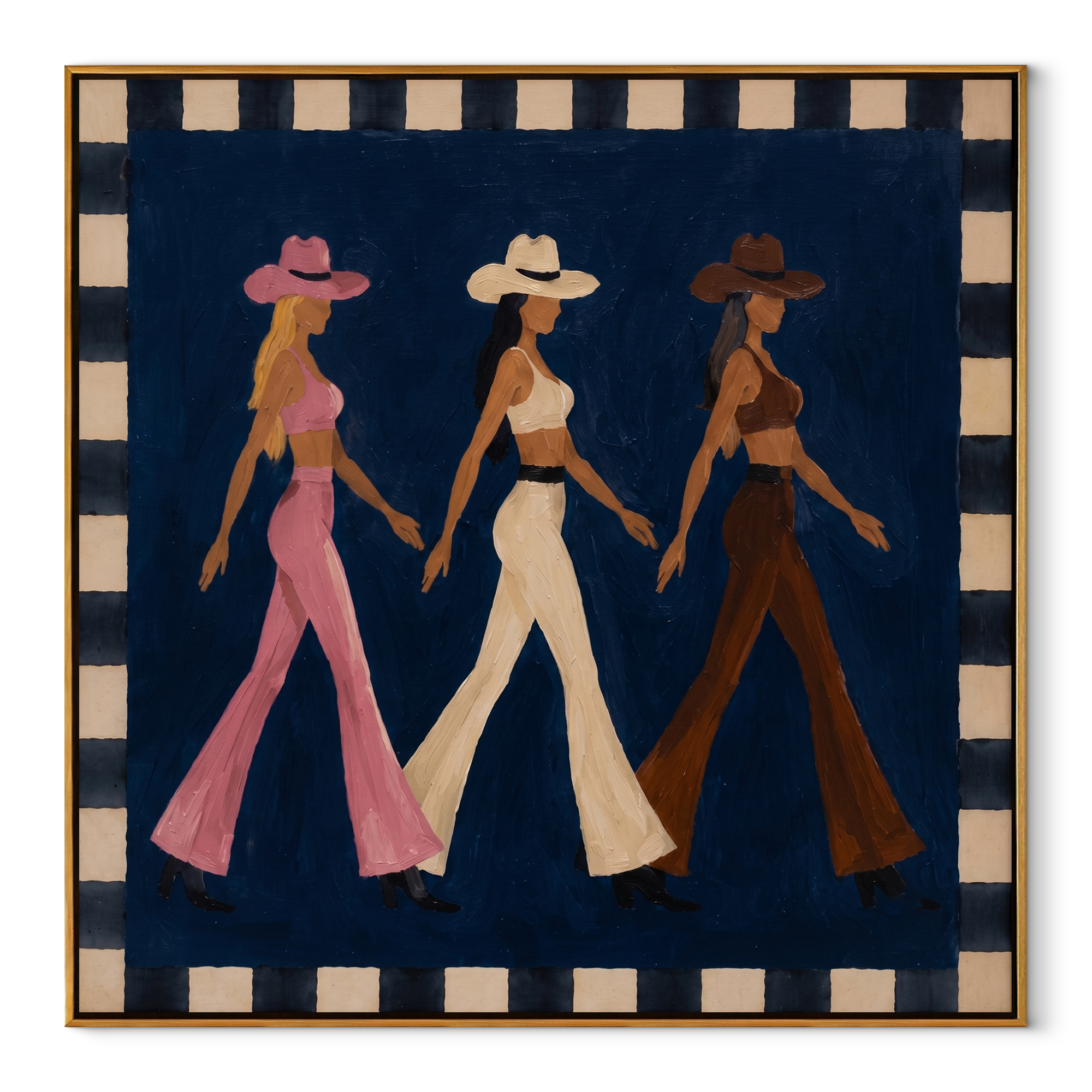 Three Cowgirls Walk Blue - walking cowgirls painting by Savannah Reed, modern folk art square wall art – wood frame on white background