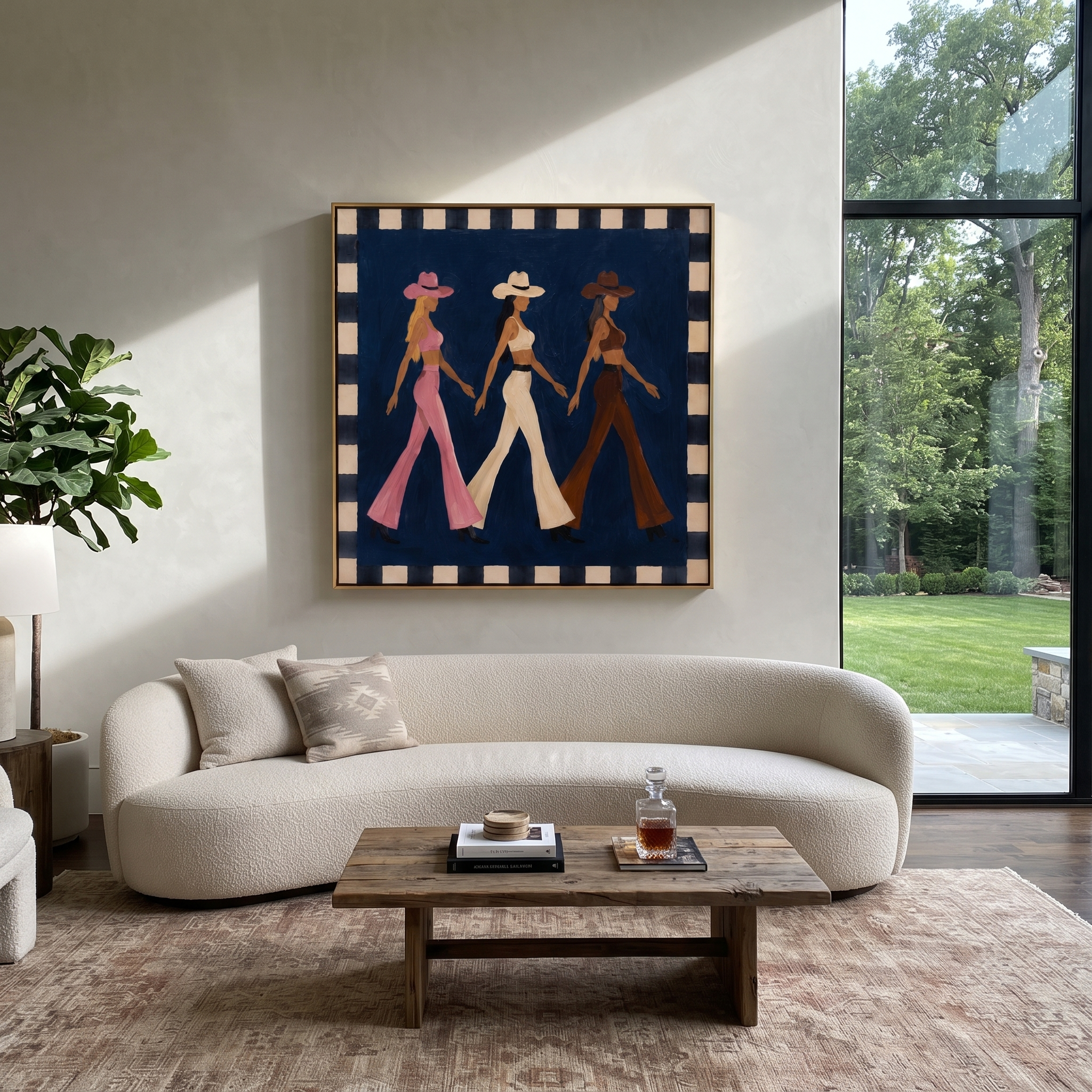 Three Cowgirls Walk Blue - walking cowgirls painting by Savannah Reed, modern folk art square wall art – styled room scene view 2