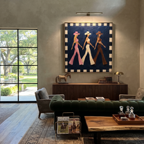 Three Cowgirls Walk Blue - walking cowgirls painting by Savannah Reed, modern folk art square wall art – styled room scene view 3
