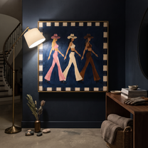 Three Cowgirls Walk Blue - walking cowgirls painting by Savannah Reed, modern folk art square wall art – styled room scene view 4