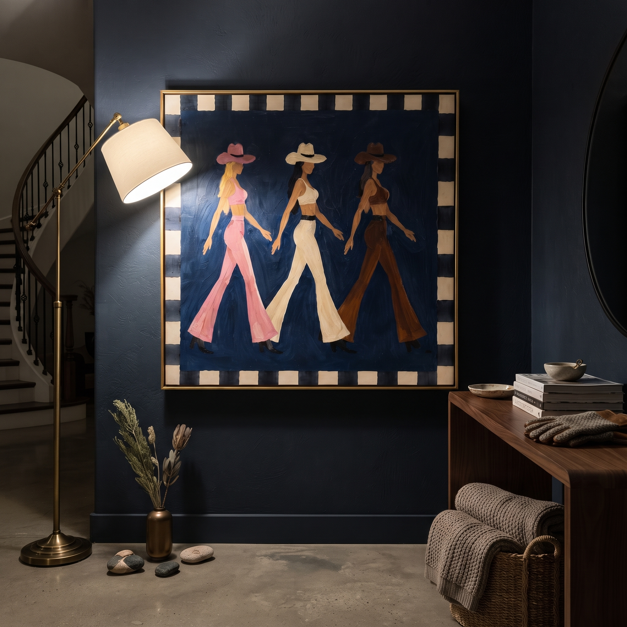 Three Cowgirls Walk Blue - walking cowgirls painting by Savannah Reed, modern folk art square wall art – styled room scene view 4