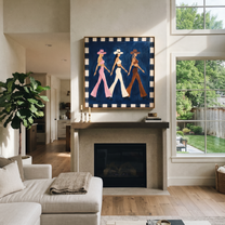 Three Cowgirls Walk Blue - walking cowgirls painting by Savannah Reed, modern folk art square wall art – styled room scene view 5
