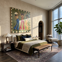 Green Room Starts Dancing - dancing cowgirls painting by Savannah Reed, modern folk art square wall art – styled room scene view 1