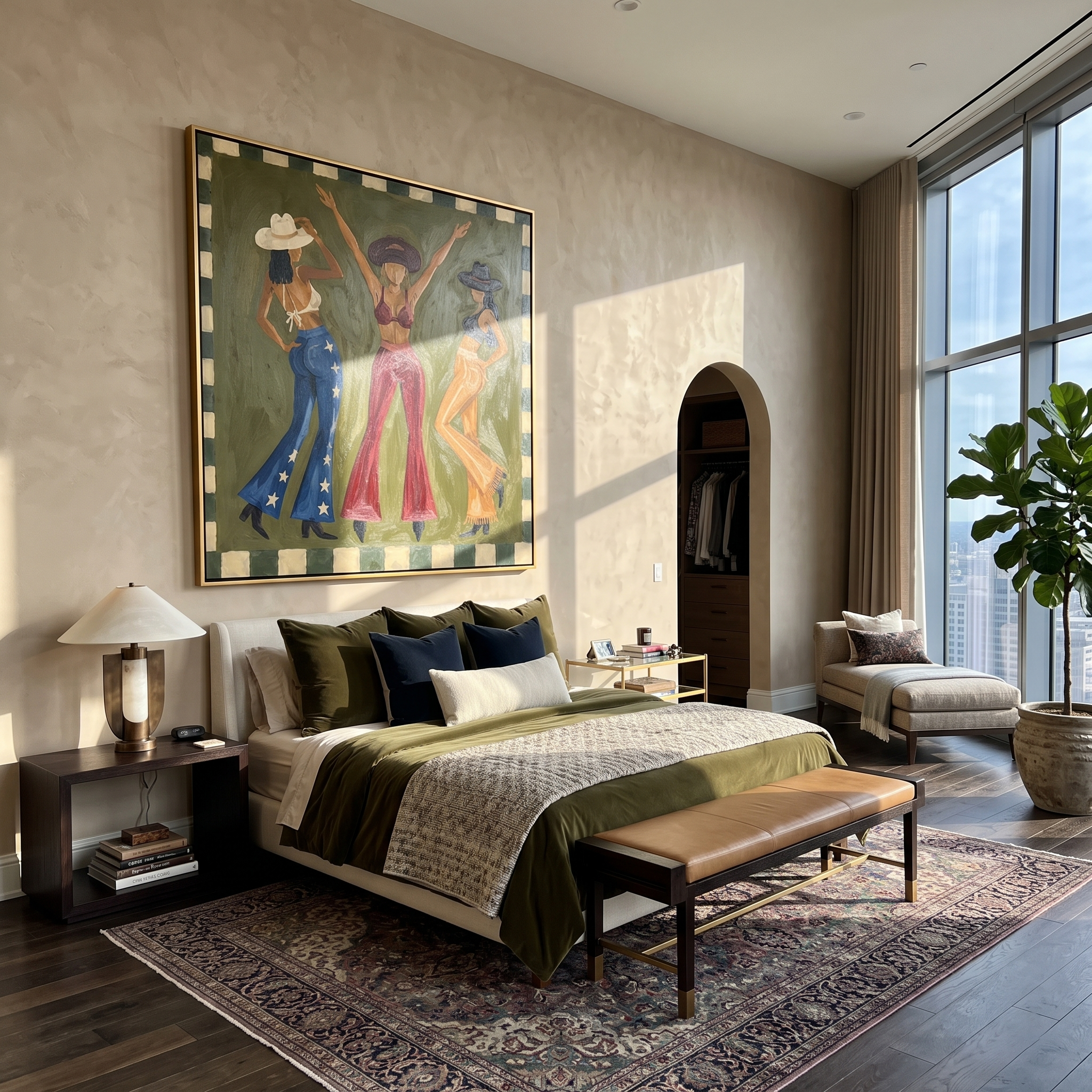 Green Room Starts Dancing - dancing cowgirls painting by Savannah Reed, modern folk art square wall art – styled room scene view 1
