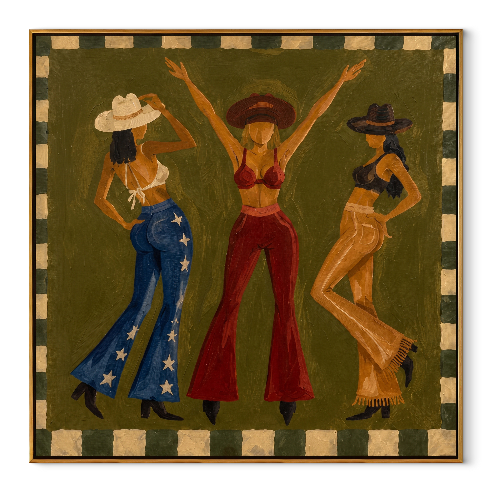 Green Room Starts Dancing - dancing cowgirls painting by Savannah Reed, modern folk art square wall art – wood frame on white background