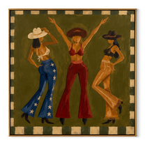 Green Room Starts Dancing - dancing cowgirls painting by Savannah Reed, modern folk art square wall art – wood frame on white background